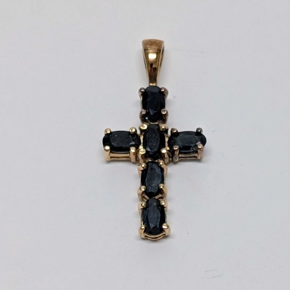 Vintage 18k Gold Sterling Silver Sapphire Cross Pendant Oval Jewelry 925 EUC